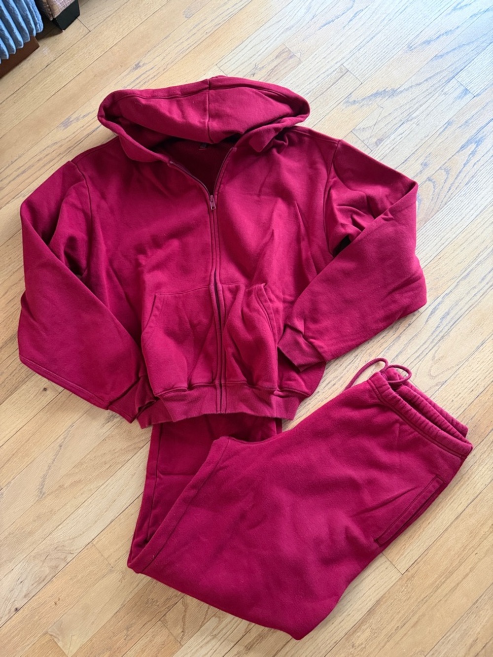 SKIMS Deep Red Zip Hoodie & Joggers Set